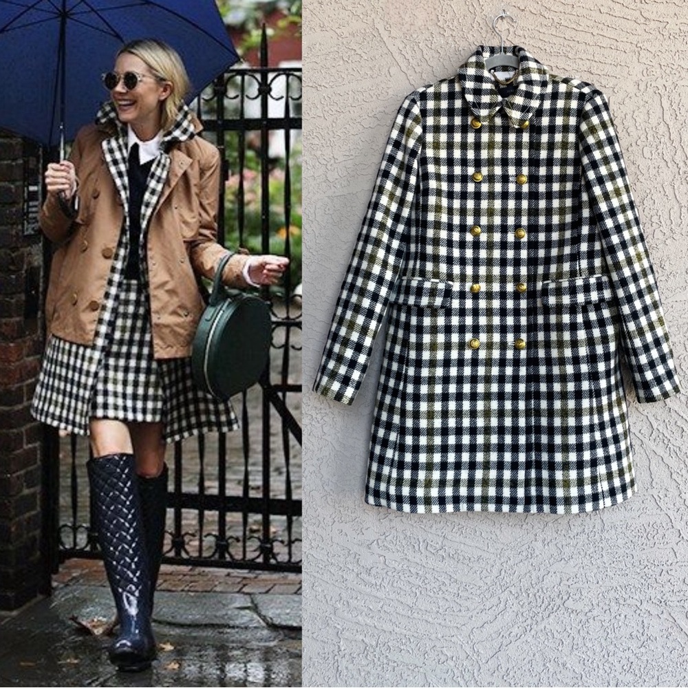 J Crew Navy, Green and White Check Oxford Plaid Wool Coat